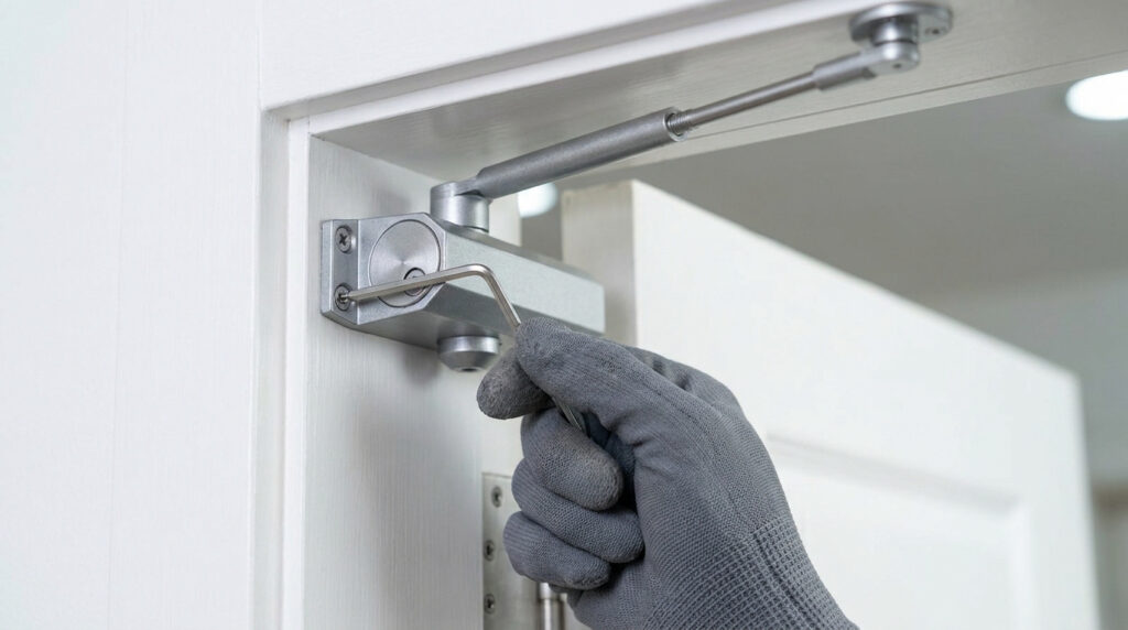 Une main gantée ajuste un ferme-porte argenté monté sur un cadre de porte blanc à l'aide d'une clé Allen.