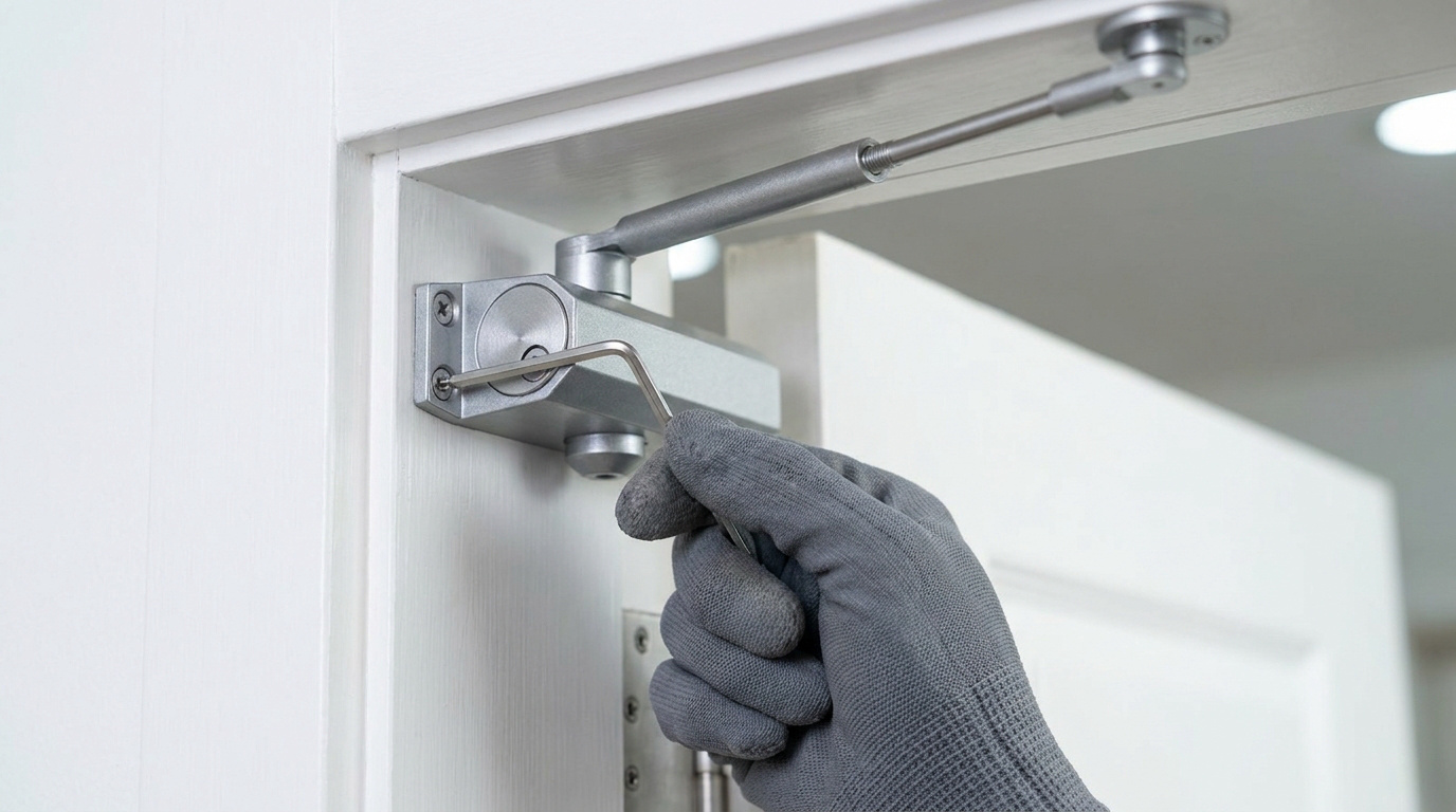 Une main gantée ajuste un ferme-porte argenté monté sur un cadre de porte blanc à l'aide d'une clé Allen.