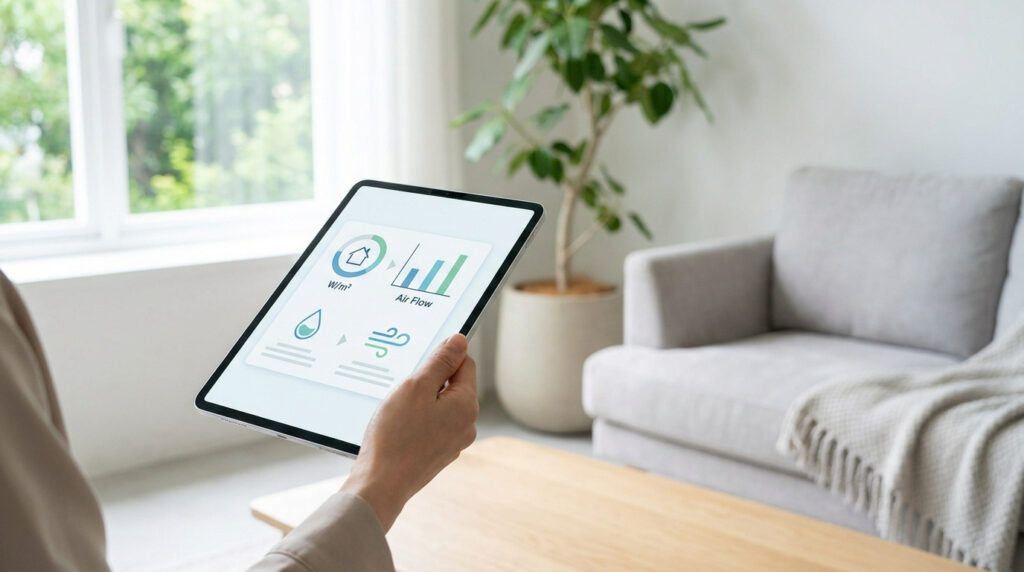 Main tenant une tablette affichant des données sur le confort intérieur (débit d'air, énergie) dans un salon moderne.