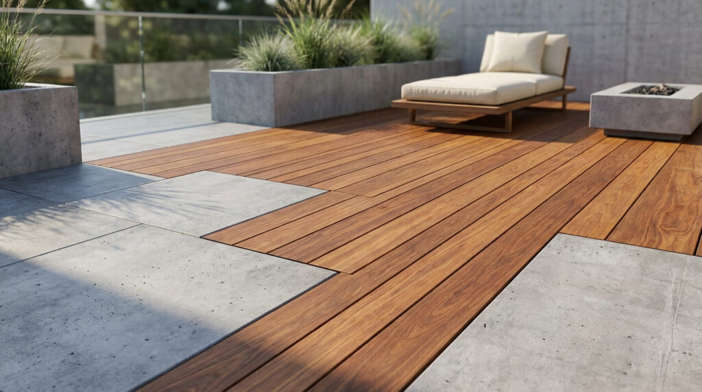 Terrasse moderne combinant dalles de béton et lames de bois, avec transat clair, foyer et jardinières. Lumière du jour.