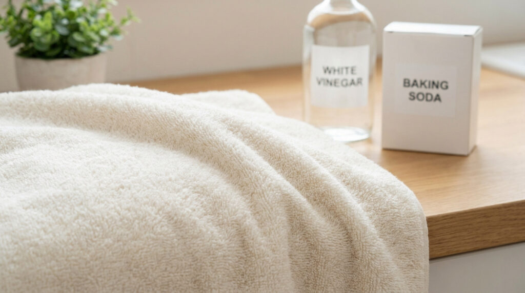 Tissu éponge beige, bouteille de vinaigre blanc et boîte de bicarbonate de soude sur une surface en bois clair, pour nettoyage naturel anti-moisissure.