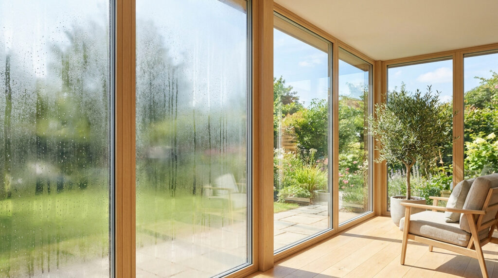Vitres d'une véranda couvertes de condensation à côté d'un salon lumineux donnant sur un jardin verdoyant.