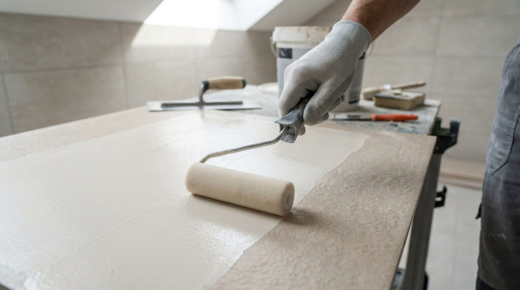Main gantée appliquant un primaire au rouleau sur une dalle de carrelage dans une pièce en rénovation.