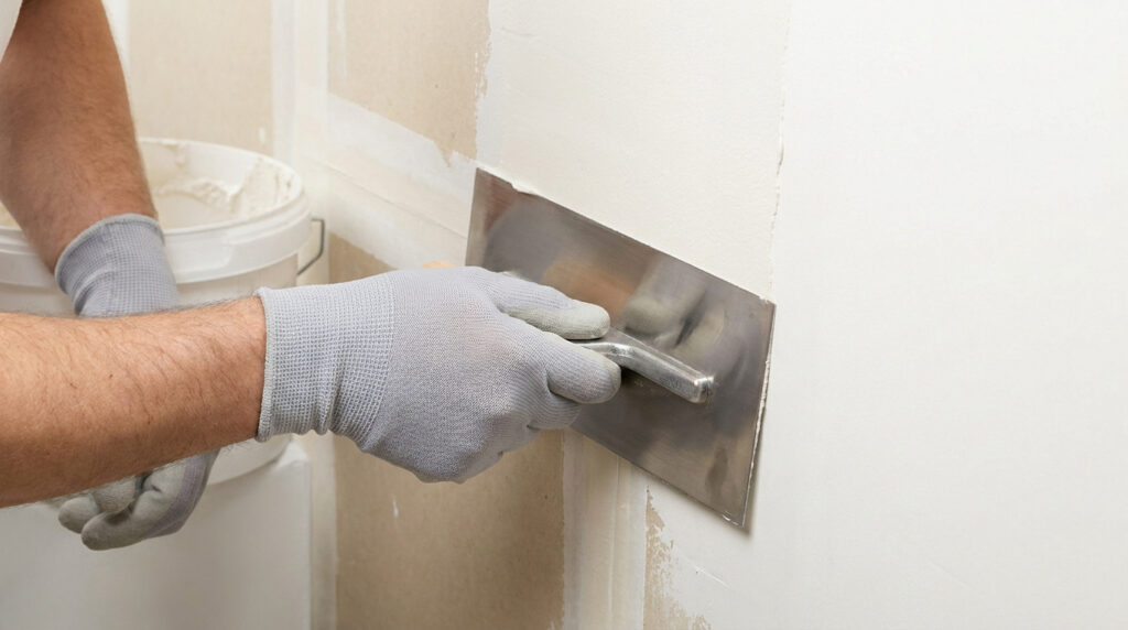 Un artisan portant des gants applique de l'enduit sur un mur en plaques de plâtre à l'aide d'une taloche métallique.