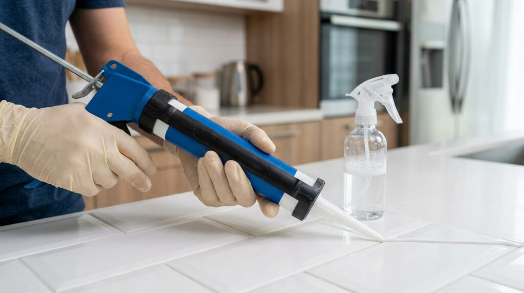 Un artisan porte des gants en latex et applique du mastic silicone blanc sur les joints d'un carrelage mural de cuisine.