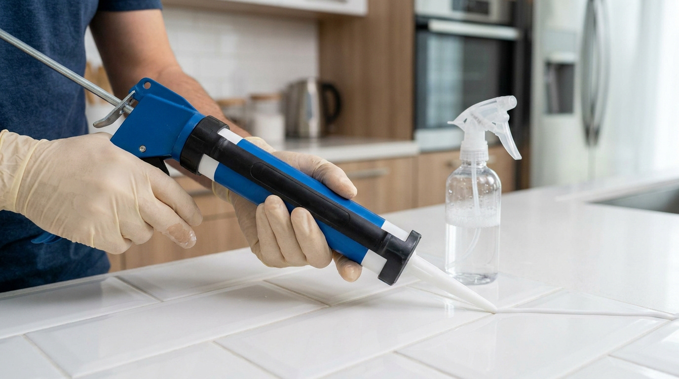 Un artisan porte des gants en latex et applique du mastic silicone blanc sur les joints d'un carrelage mural de cuisine.