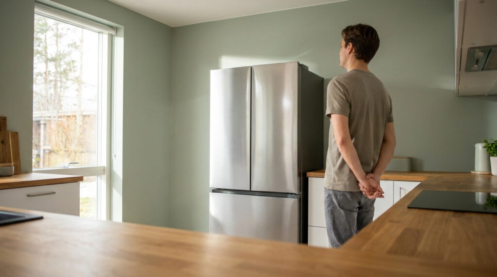 Un homme regarde un réfrigérateur neuf en inox installé dans une cuisine moderne aux murs vert sauge.