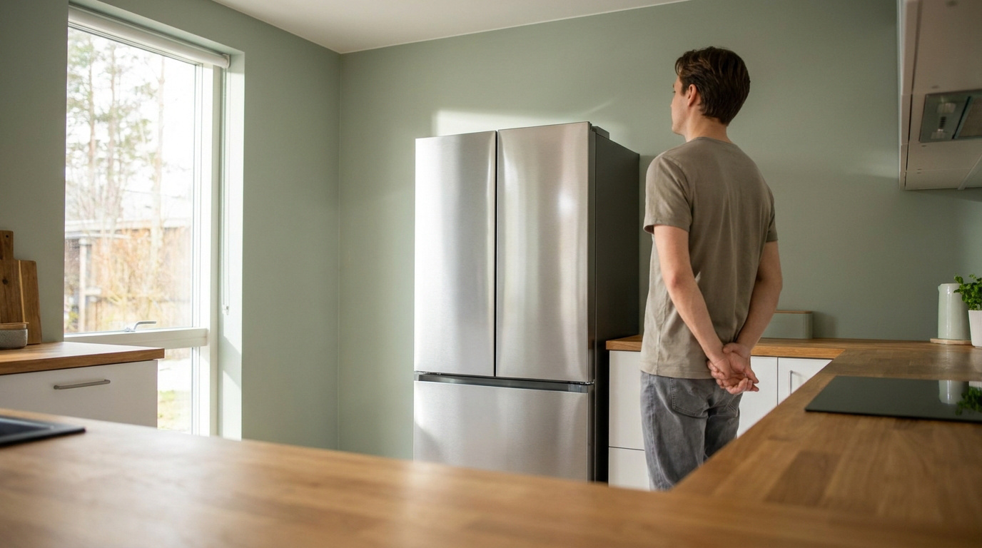 Un homme regarde un réfrigérateur neuf en inox installé dans une cuisine moderne aux murs vert sauge.