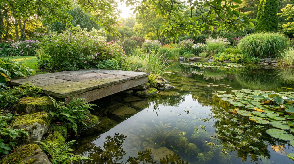 Une plateforme en pierre intégrée harmonieusement au bord d'un bassin de jardin avec des nénuphars et une végétation luxuriante.