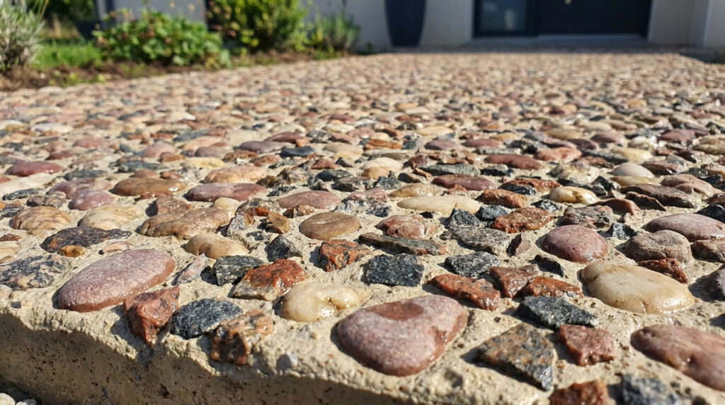 Gros plan sur une allée en béton désactivé aux galets texturés et multicolores menant vers une maison.