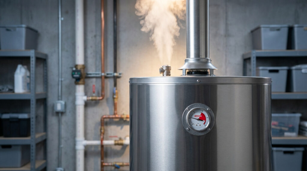 Chauffe-eau métallique émettant de la vapeur avec un manomètre indiquant une zone rouge de surchauffe dans un sous-sol.
