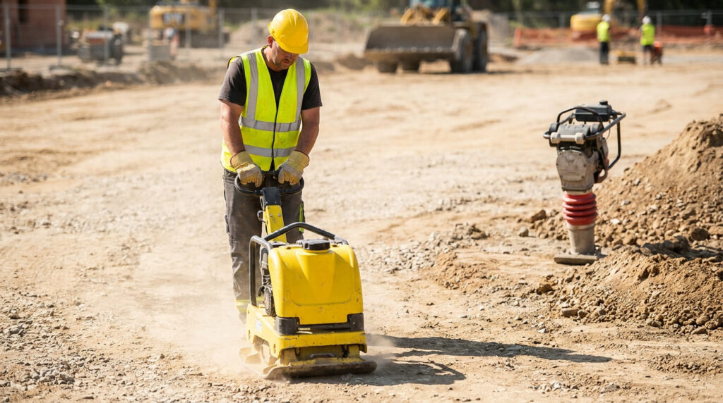 Ouvrier en équipement de protection utilisant une plaque vibrante pour compacter le sol d'un chantier.