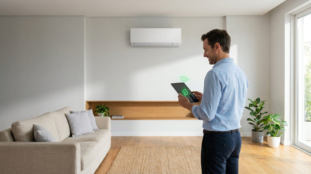 Un homme ajuste sa climatisation réversible via une tablette avec une icône de feuille verte connectée.