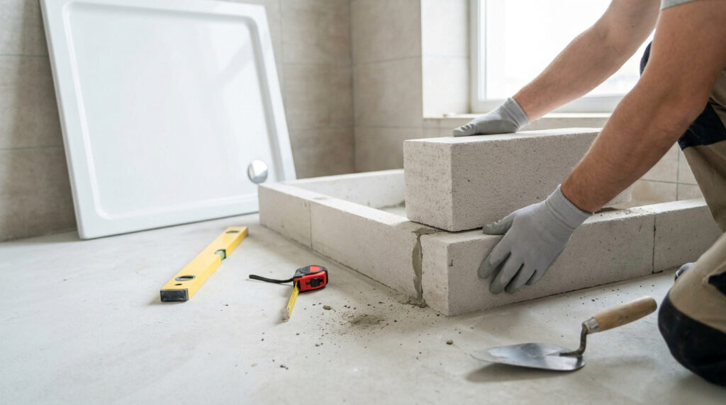 Artisan posant des parpaings en béton pour surélever un receveur de douche sur un chantier.