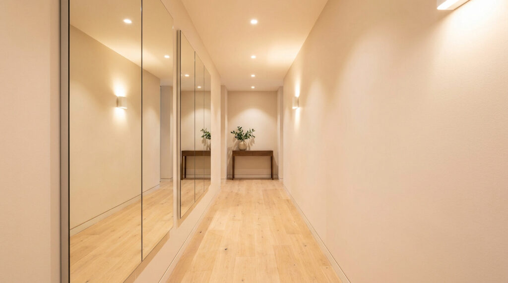 Couloir étroit et lumineux décoré avec de grands miroirs muraux et une console en bois minimaliste.