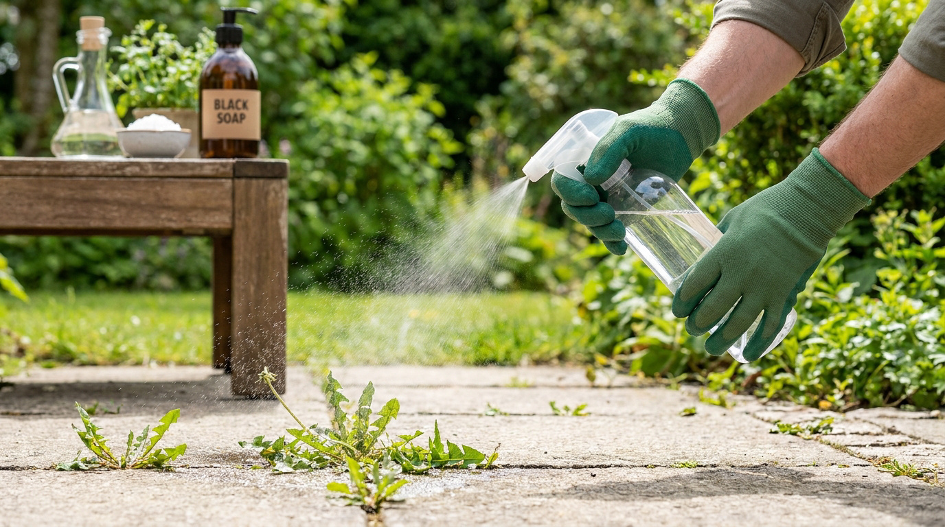 Mains avec gants verts vaporisant une solution naturelle sur des mauvaises herbes entre des dalles de jardin.