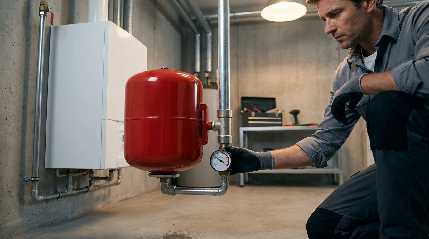 Un technicien vérifie la pression d'un vase d'expansion rouge relié à une chaudière murale dans un sous-sol.