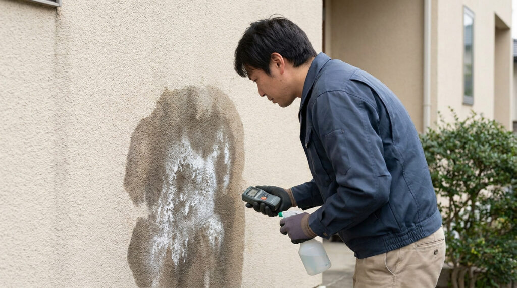 Un professionnel utilise un humidimètre sur une tache d'humidité sur le mur extérieur d'une maison.