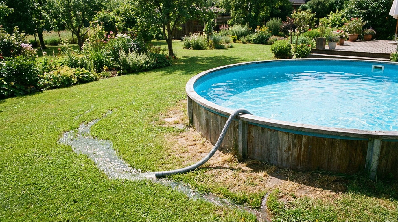 Un tuyau d'arrosage évacue l'eau d'une piscine hors-sol en bois directement dans l'herbe d'un jardin ensoleillé.