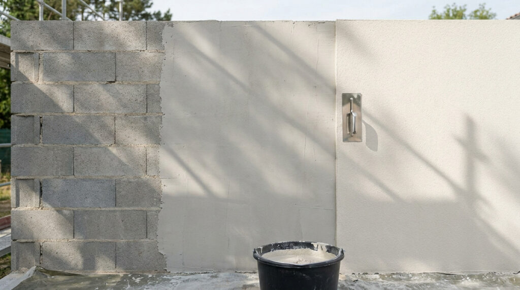 Mur en parpaings en cours de crépissage avec une truelle posée sur la surface enduite et un seau au sol.