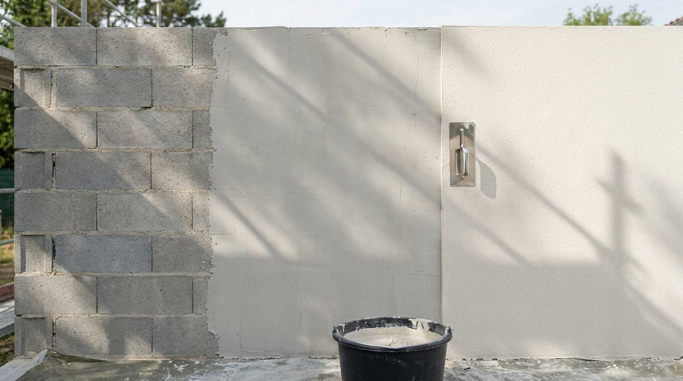 Mur en parpaings en cours de crépissage avec une truelle posée sur la surface enduite et un seau au sol.