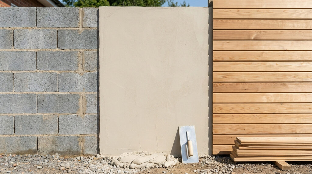 Comparaison de finitions pour mur en parpaing : brut, enduit et bardage bois.