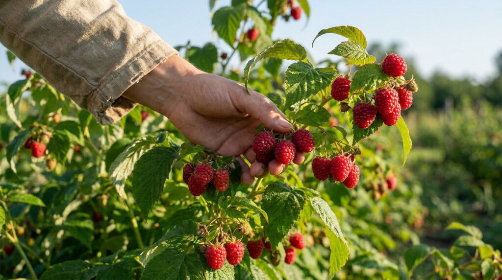 Une main cueillant des framboises rouges mûres sur un buisson au soleil.