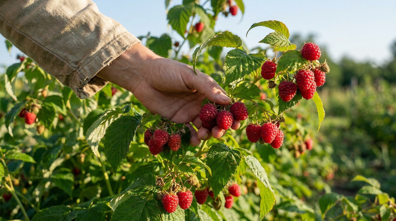 Une main cueillant des framboises rouges mûres sur un buisson au soleil.