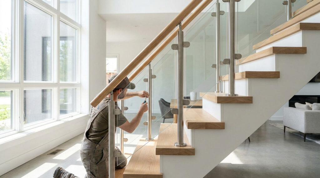 Artisan installant un garde-corps moderne avec panneaux de verre et main courante en bois sur un escalier.