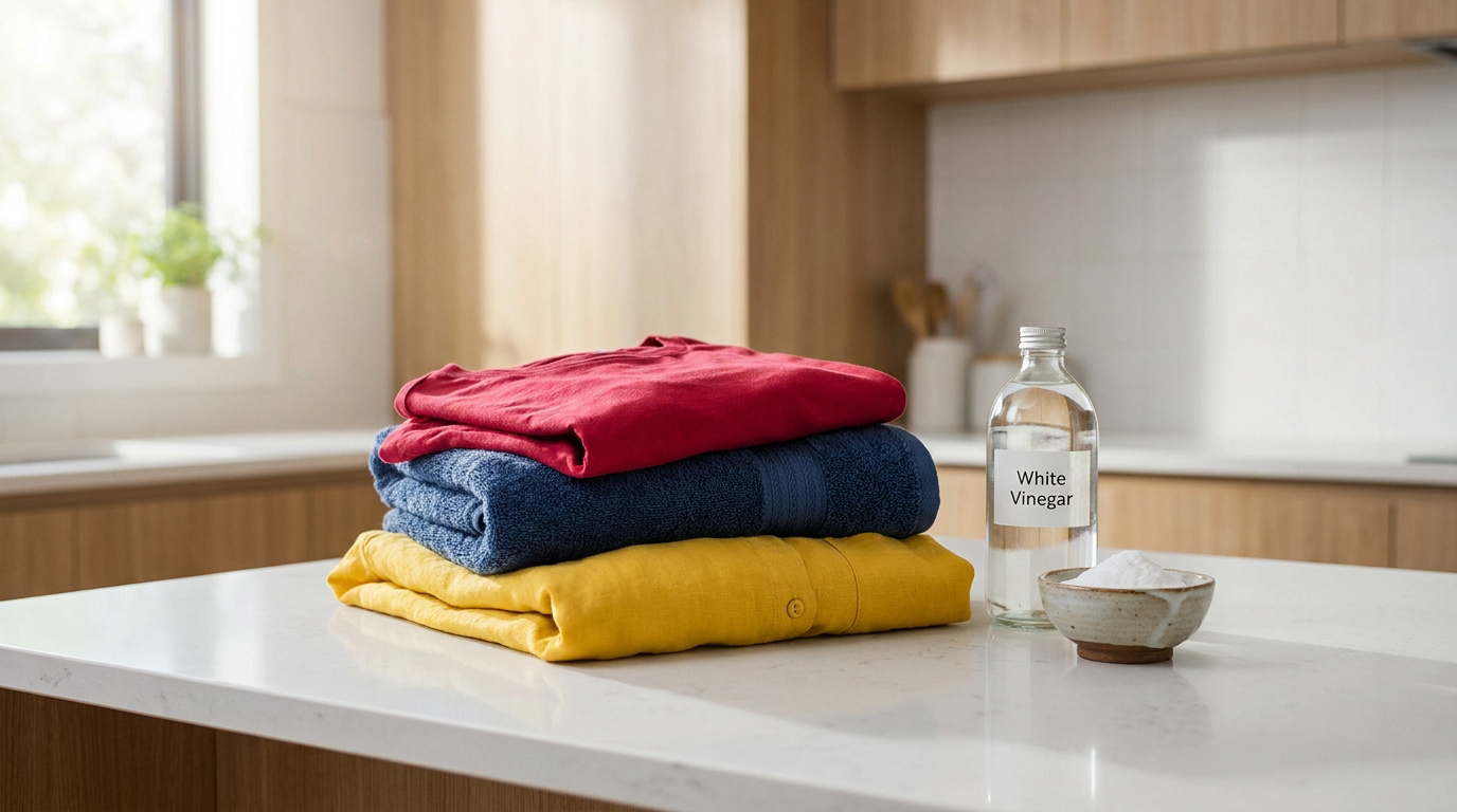 Pile de vêtements colorés avec une bouteille de vinaigre blanc et un bol de bicarbonate sur une table de cuisine.