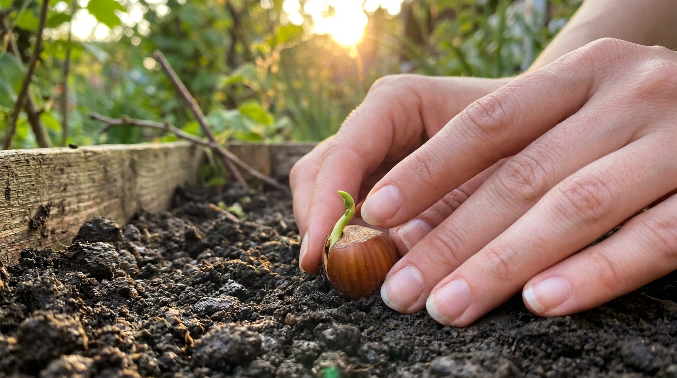 Mains d'une personne plantant délicatement une noisette germée dans la terre d'un jardin au soleil couchant.