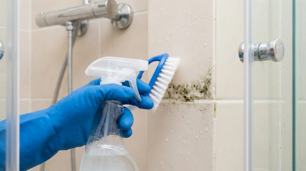 Une personne avec des gants bleus nettoie des taches de moisissure sur les joints de carrelage avec une brosse.