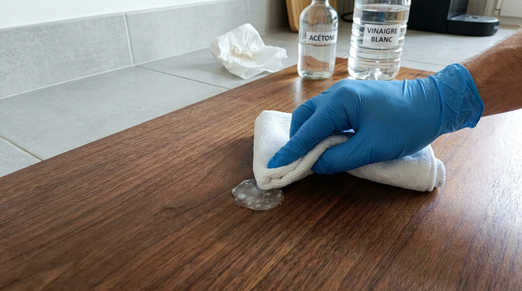 Une main gantée nettoie une goutte de résine époxy sur une surface en bois avec un chiffon blanc et de l'acétone.
