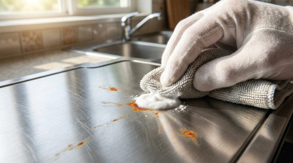 Une main gantée nettoie des taches de rouille sur une surface en inox avec un chiffon et du bicarbonate de soude.
