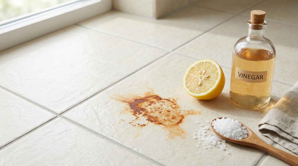 Une tache de rouille sur un carrelage beige, accompagnée de citron, de vinaigre et de gros sel.