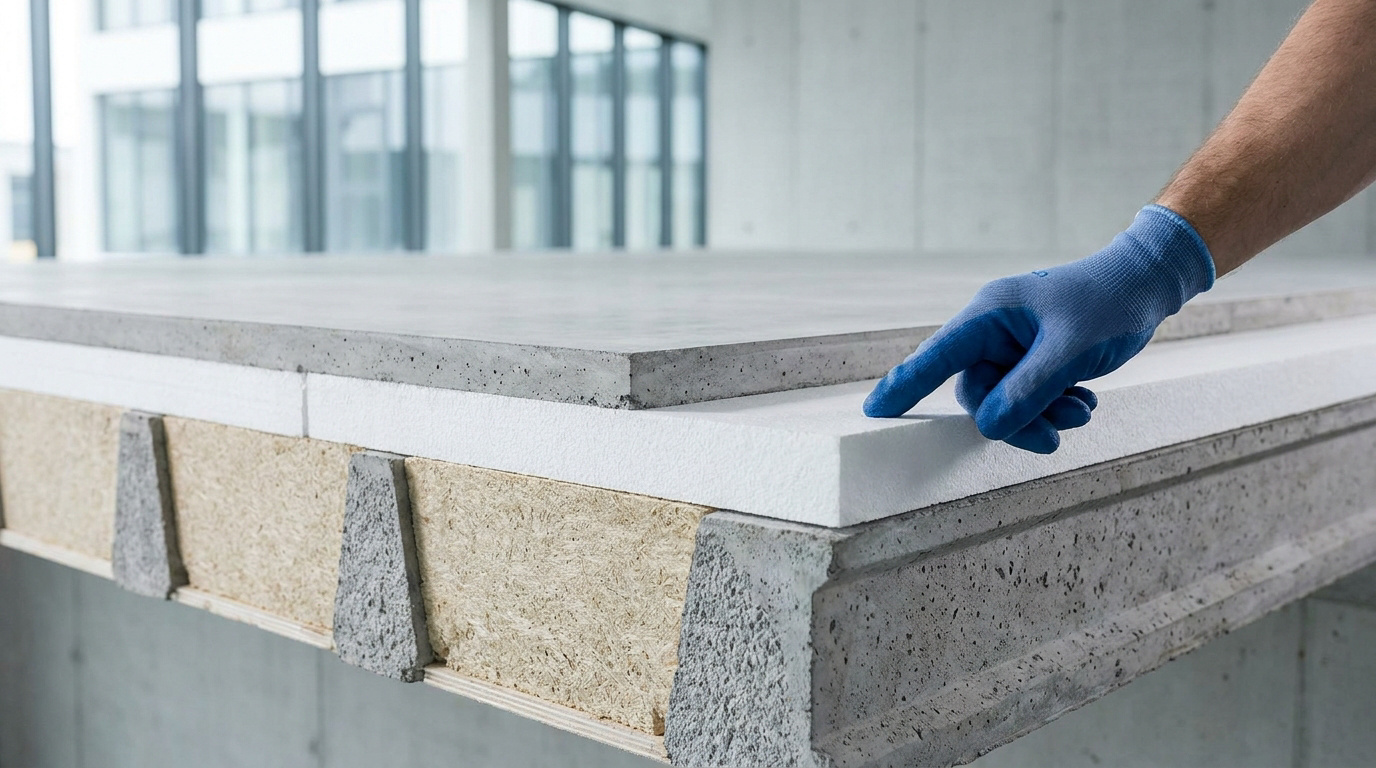 Une main gantée désigne une plaque isolante en polystyrène posée sur une structure de plancher hourdis en béton.