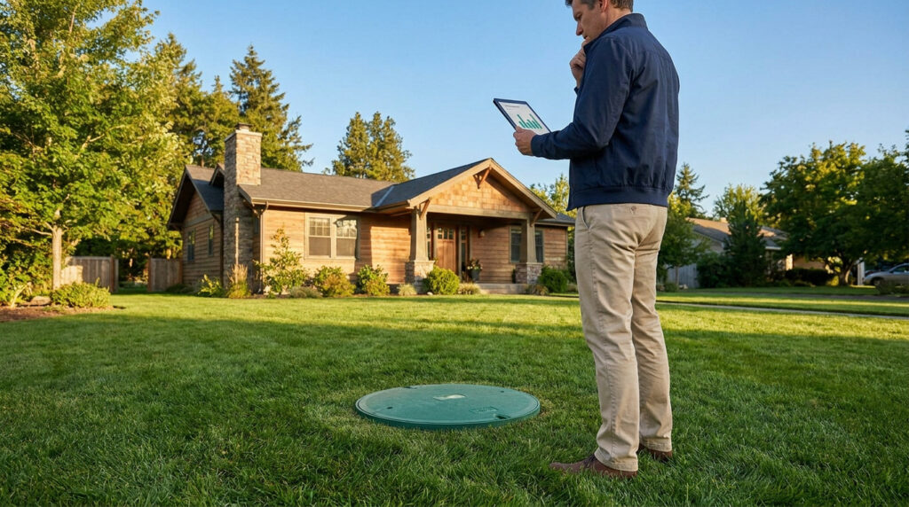 Un professionnel inspecte une fosse septique dans un jardin devant une maison en bois avec une tablette numérique.