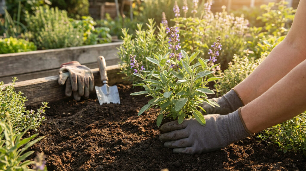 Mains gantées plantant un pied de sauge en fleurs dans un potager ensoleillé avec des outils de jardinage à proximité.