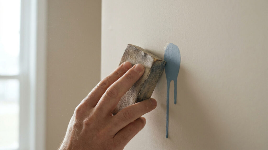 Une main ponce une coulure de peinture bleue sur un mur beige à l'aide d'un bloc abrasif.