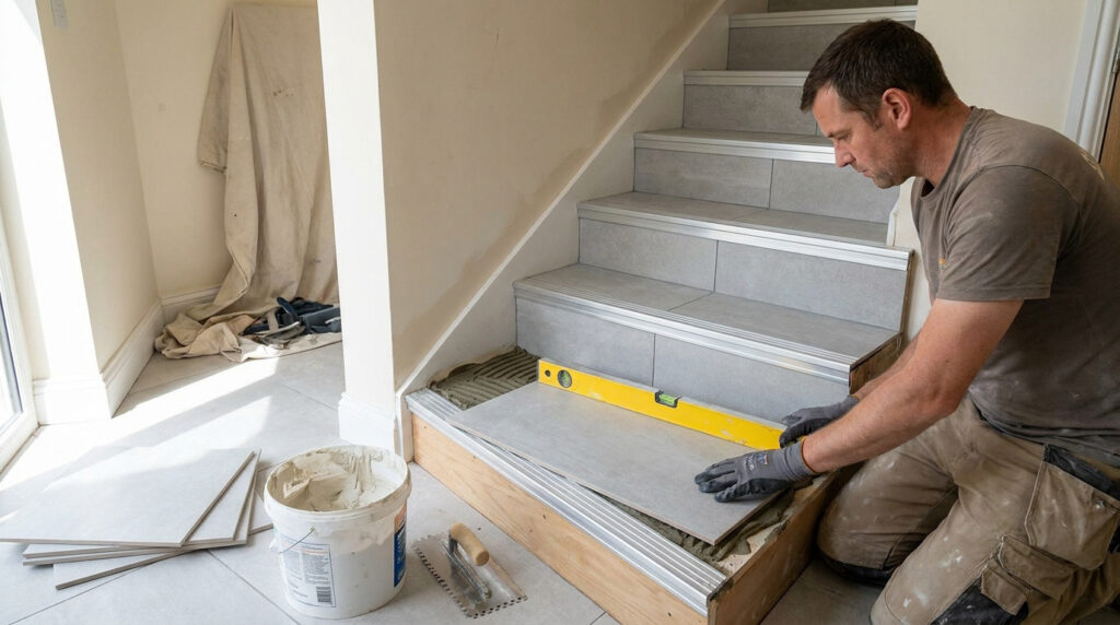Un carreleur installe un carreau sur une marche d'escalier en utilisant un niveau à bulle pour vérifier l'alignement.