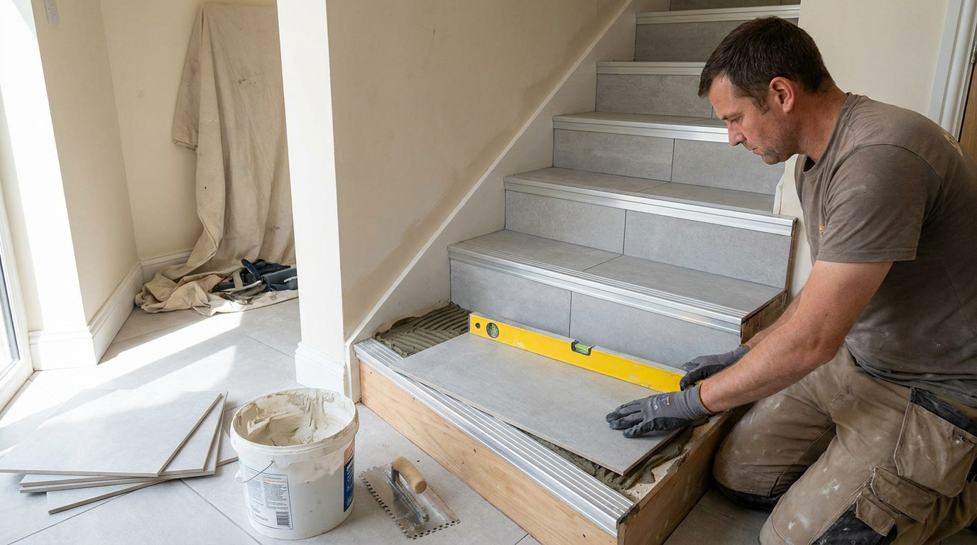 Un carreleur installe un carreau sur une marche d'escalier en utilisant un niveau à bulle pour vérifier l'alignement.