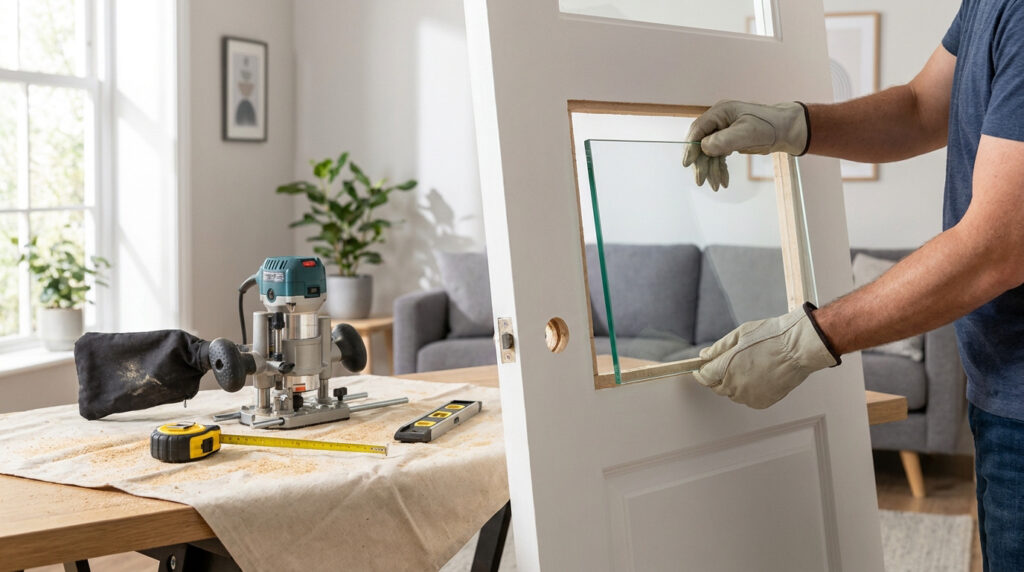 Un bricoleur installe une vitre dans l'ouverture d'une porte en bois avec une défonceuse posée sur la table à côté.