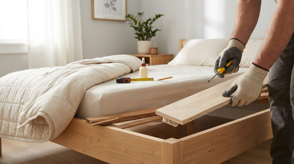 Une personne porte des gants de protection et tient une nouvelle latte en bois pour réparer un sommier de lit en bois.