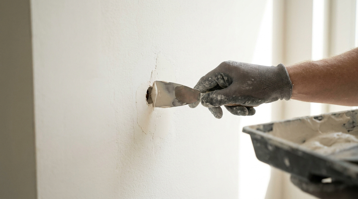 Une main gantée utilisant une spatule pour appliquer de l'enduit de rebouchage sur un trou dans un mur blanc.