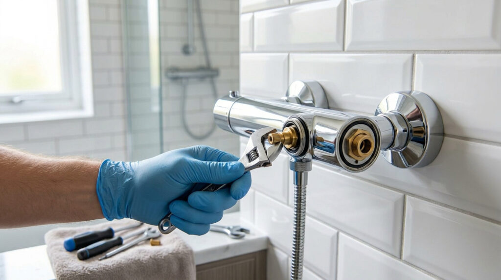 Main gantée en bleu utilisant une clé à molette pour dévisser un mitigeur thermostatique de douche.