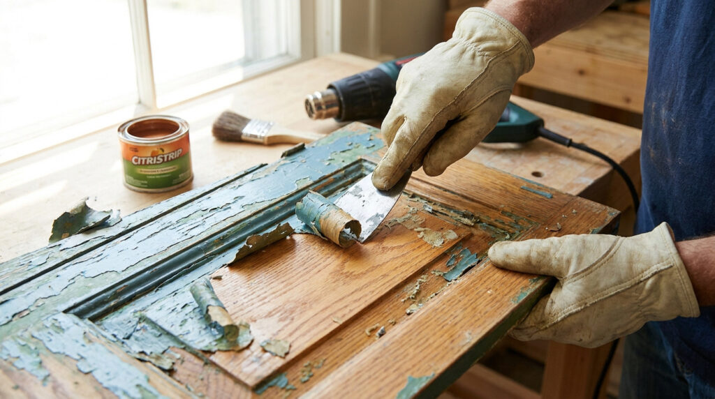 Une personne gantée utilise une spatule pour retirer la vieille peinture écaillée d'une porte en bois dans un atelier.