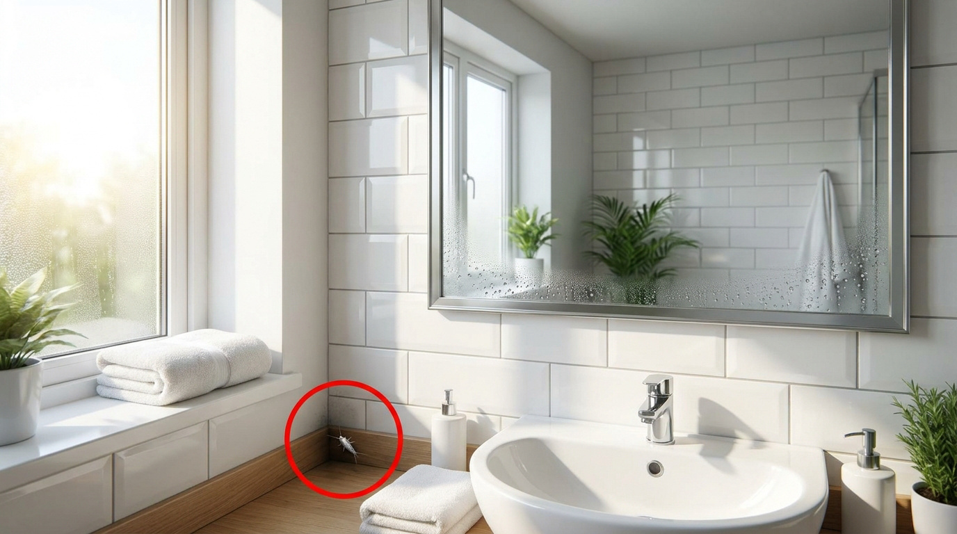 Un lépisme argenté entouré en rouge dans le coin d'une salle de bain lumineuse avec des carreaux blancs.