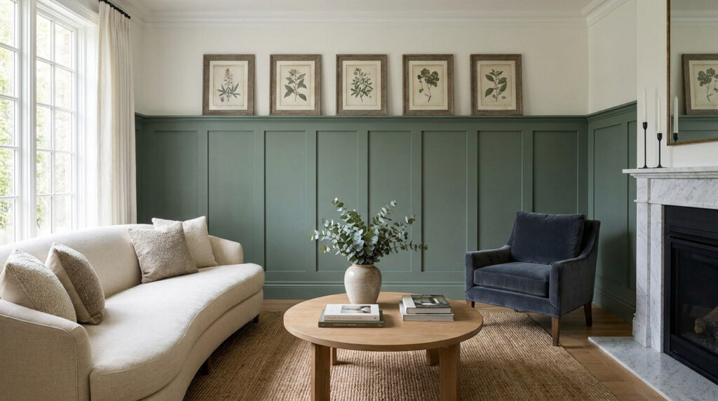 Salon chic avec soubassement mural vert, canapé beige, fauteuil bleu et cadres botaniques.