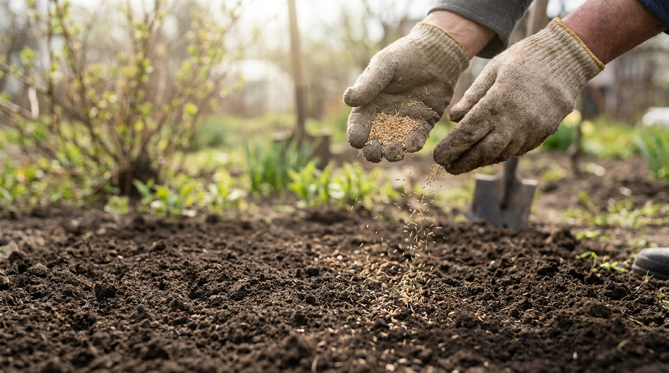 Une personne portant des gants de jardinage sème des graines de gazon sur un sol préparé au printemps.