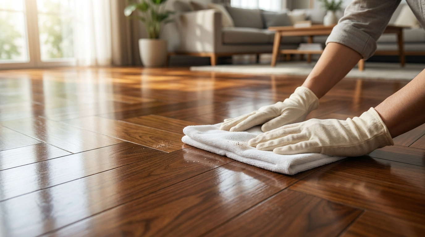 Une personne porte des gants blancs et nettoie un parquet en bois brillant avec un chiffon blanc dans un salon.